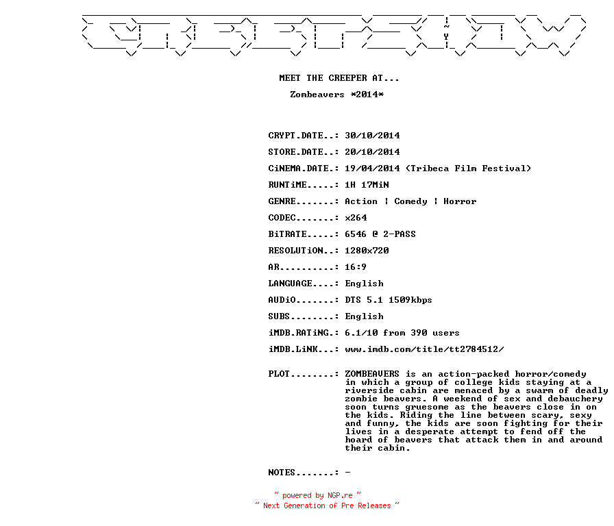 NFO for the release Zombeavers.2014.720p.BluRay.x264-CREEPSHOW by CREEPSHOW