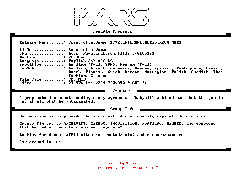 NFO for the release Scent.of.a.Woman.1992.iNTERNAL.BDRip.x264-MARS by MARS