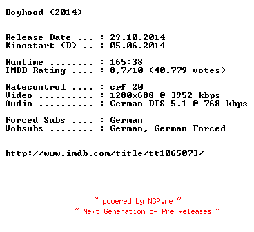 NFO for the release Boyhood.German.720p.BluRay.x264-EXQUiSiTE by EXQUiSiTE