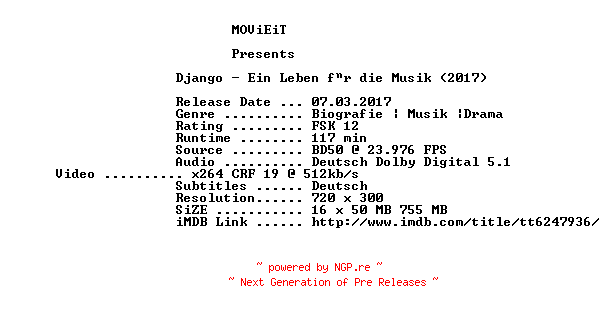 NFO for the release Django.Ein.Leben.fuer.die.Musik.German.2017.BDRiP.x264-MOViEiT by MOViEiT