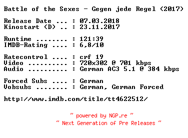 NFO for the release Battle.of.the.Sexes.Gegen.jede.Regel.German.2017.AC3.BDRip.x264-COiNCiDENCE by COiNCiDENCE