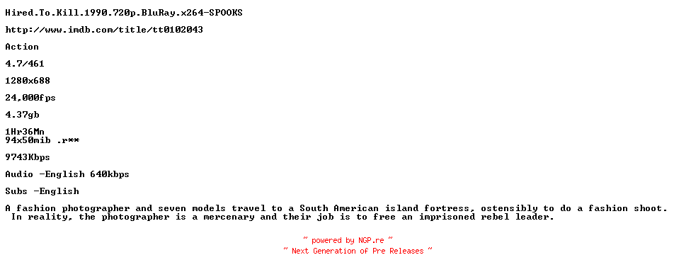 NFO for the release Hired.To.Kill.1990.720p.BluRay.x264-SPOOKS by SPOOKS