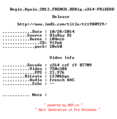 NFO for the release Begin.Again.2013.FRENCH.BDRip.x264-PRiDEHD by PRiDEHD