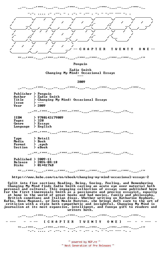 NFO for the release Zadie.Smith.-.Changing.My.Mind.Occasional.Essays.2009.RETAIL.EPUB.eBook-CTO by CTO