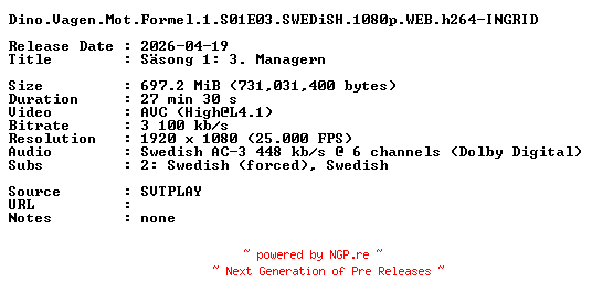 NFO for the release Dino.Vagen.Mot.Formel.1.S01E03.SWEDiSH.1080p.WEB.h264-INGRID by INGRID