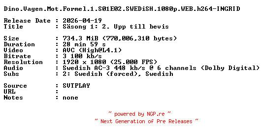 NFO for the release Dino.Vagen.Mot.Formel.1.S01E02.SWEDiSH.1080p.WEB.h264-INGRID by INGRID