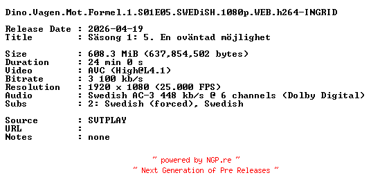 NFO for the release Dino.Vagen.Mot.Formel.1.S01E05.SWEDiSH.1080p.WEB.h264-INGRID by INGRID