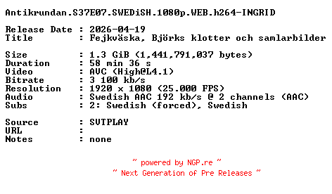 NFO for the release Antikrundan.S37E07.SWEDiSH.1080p.WEB.h264-INGRID by INGRID