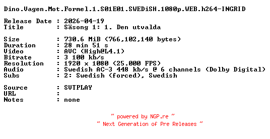 NFO for the release Dino.Vagen.Mot.Formel.1.S01E01.SWEDiSH.1080p.WEB.h264-INGRID by INGRID