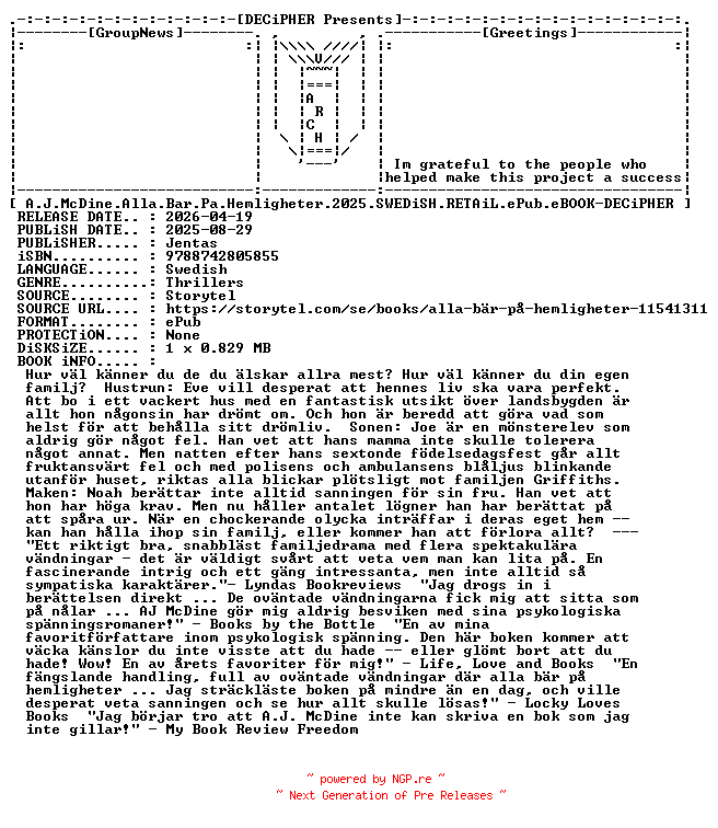 NFO for the release A.J.McDine.Alla.Bar.Pa.Hemligheter.2025.SWEDiSH.RETAiL.ePub.eBOOK-DECiPHER by DECiPHER
