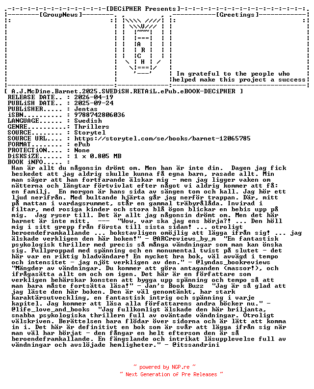 NFO for the release A.J.McDine.Barnet.2025.SWEDiSH.RETAiL.ePub.eBOOK-DECiPHER by DECiPHER