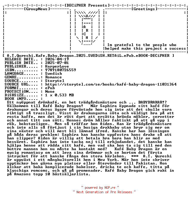 NFO for the release A.T.Qureshi.Kafe.Baby.Dragon.2025.SWEDiSH.RETAiL.ePub.eBOOK-DECiPHER by DECiPHER