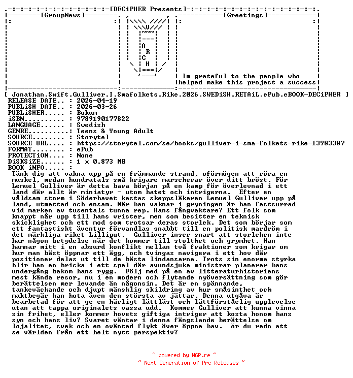 NFO for the release Jonathan.Swift.Gulliver.I.Smafolkets.Rike.2026.SWEDiSH.RETAiL.ePub.eBOOK-DECiPHER by DECiPHER