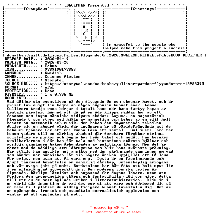 NFO for the release Jonathan.Swift.Gulliver.Pa.Den.Flygande.On.2026.SWEDiSH.RETAiL.ePub.eBOOK-DECiPHER by DECiPHER
