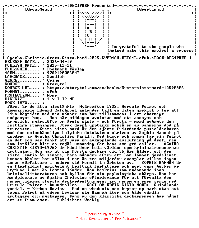NFO for the release Agatha.Christie.Arets.Sista.Mord.2025.SWEDiSH.RETAiL.ePub.eBOOK-DECiPHER by DECiPHER