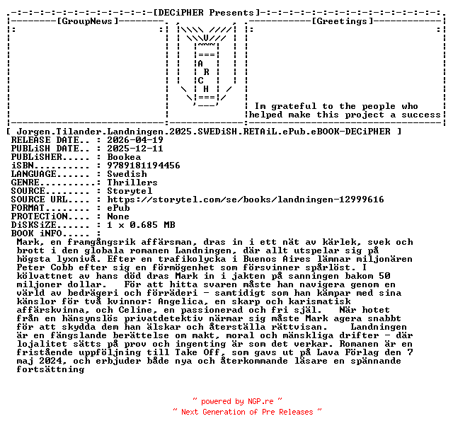 NFO for the release Jorgen.Tilander.Landningen.2025.SWEDiSH.RETAiL.ePub.eBOOK-DECiPHER by DECiPHER
