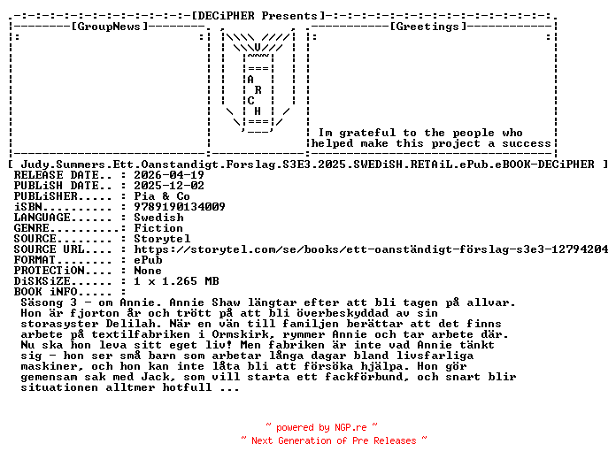 NFO for the release Judy.Summers.Ett.Oanstandigt.Forslag.S3E3.2025.SWEDiSH.RETAiL.ePub.eBOOK-DECiPHER by DECiPHER