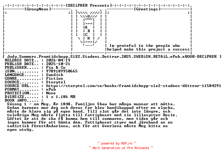 NFO for the release Judy.Summers.Framtidshopp.S1E2.Stadens.Dottrar.2025.SWEDiSH.RETAiL.ePub.eBOOK-DECiPHER by DECiPHER