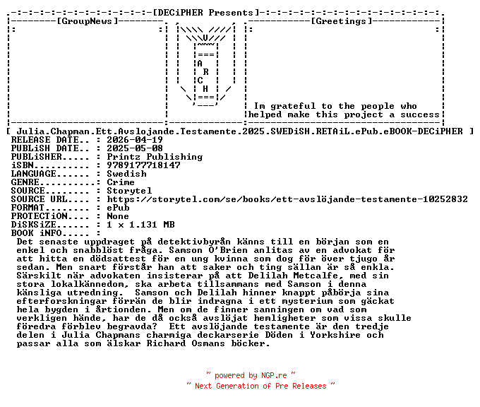 NFO for the release Julia.Chapman.Ett.Avslojande.Testamente.2025.SWEDiSH.RETAiL.ePub.eBOOK-DECiPHER by DECiPHER