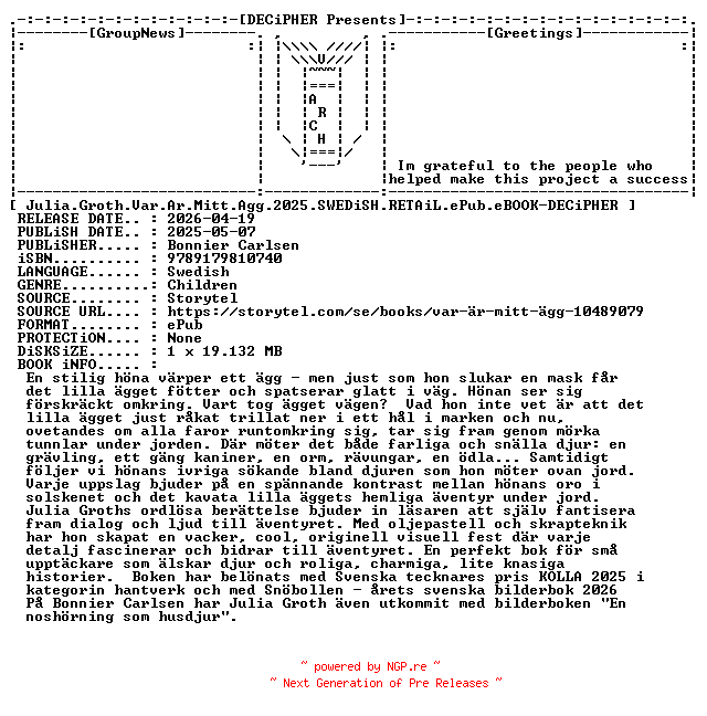 NFO for the release Julia.Groth.Var.Ar.Mitt.Agg.2025.SWEDiSH.RETAiL.ePub.eBOOK-DECiPHER by DECiPHER
