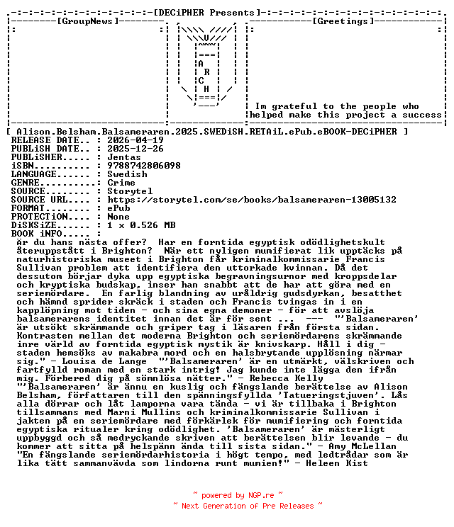 NFO for the release Alison.Belsham.Balsameraren.2025.SWEDiSH.RETAiL.ePub.eBOOK-DECiPHER by DECiPHER