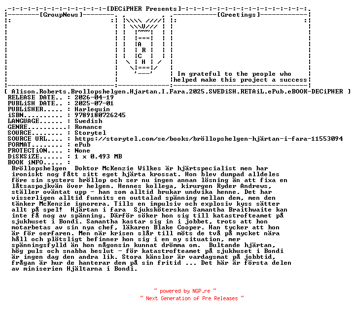 NFO for the release Alison.Roberts.Brollopshelgen.Hjartan.I.Fara.2025.SWEDiSH.RETAiL.ePub.eBOOK-DECiPHER by DECiPHER