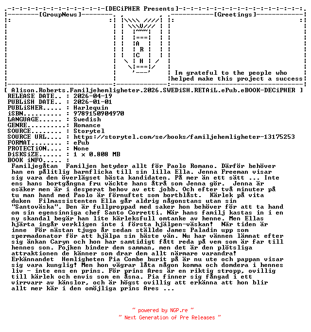NFO for the release Alison.Roberts.Familjehemligheter.2026.SWEDiSH.RETAiL.ePub.eBOOK-DECiPHER by DECiPHER