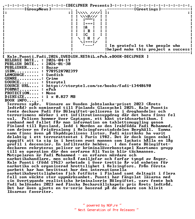 NFO for the release Kale.Puonti.Fadi.2026.SWEDiSH.RETAiL.ePub.eBOOK-DECiPHER by DECiPHER
