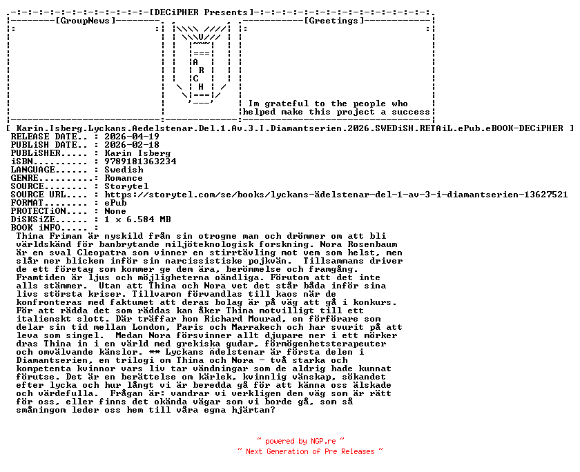 NFO for the release Karin.Isberg.Lyckans.Aedelstenar.Del.1.Av.3.I.Diamantserien.2026.SWEDiSH.RETAiL.ePub.eBOOK-DECiPHER by DECiPHER