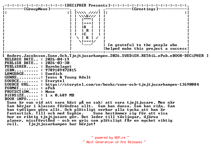 NFO for the release Anders.Jacobsson.Sune.Och.Tjejtjusarkampen.2026.SWEDiSH.RETAiL.ePub.eBOOK-DECiPHER by DECiPHER
