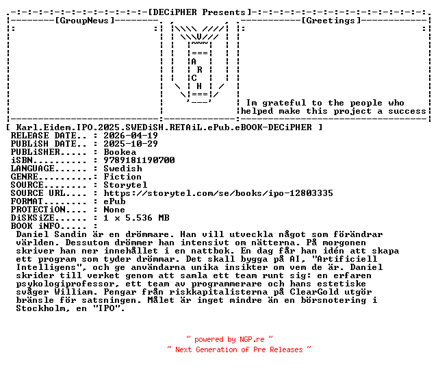 NFO for the release Karl.Eidem.Ipo.2025.SWEDiSH.RETAiL.ePub.eBOOK-DECiPHER by DECiPHER