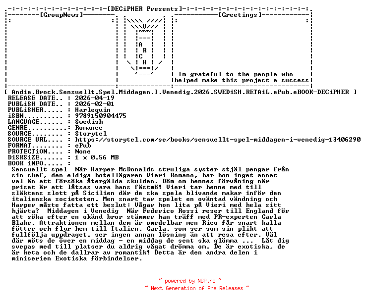 NFO for the release Andie.Brock.Sensuellt.Spel.Middagen.I.Venedig.2026.SWEDiSH.RETAiL.ePub.eBOOK-DECiPHER by DECiPHER