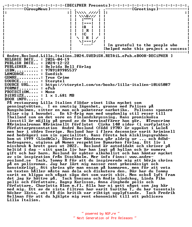 NFO for the release Andre.Roslund.Lilla.Italien.2024.SWEDiSH.RETAiL.ePub.eBOOK-DECiPHER by DECiPHER