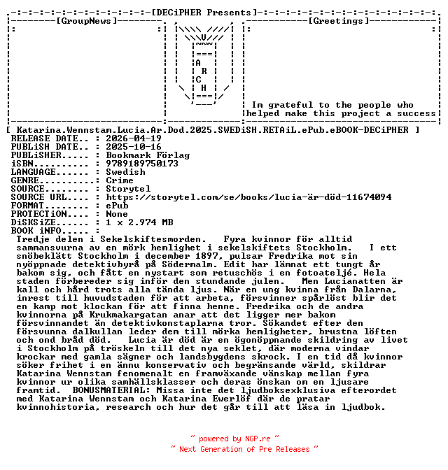 NFO for the release Katarina.Wennstam.Lucia.Ar.Dod.2025.SWEDiSH.RETAiL.ePub.eBOOK-DECiPHER by DECiPHER