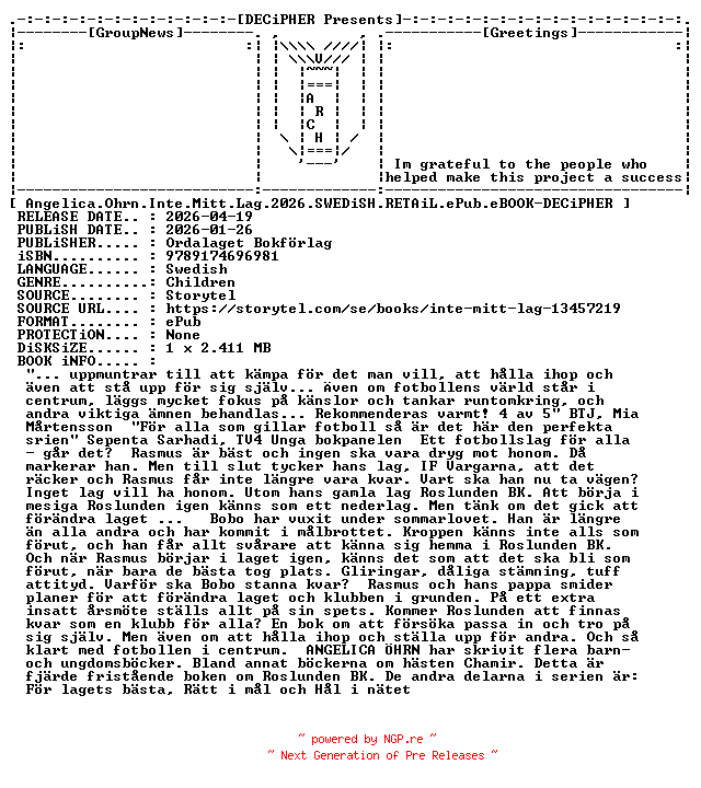 NFO for the release Angelica.Ohrn.Inte.Mitt.Lag.2026.SWEDiSH.RETAiL.ePub.eBOOK-DECiPHER by DECiPHER