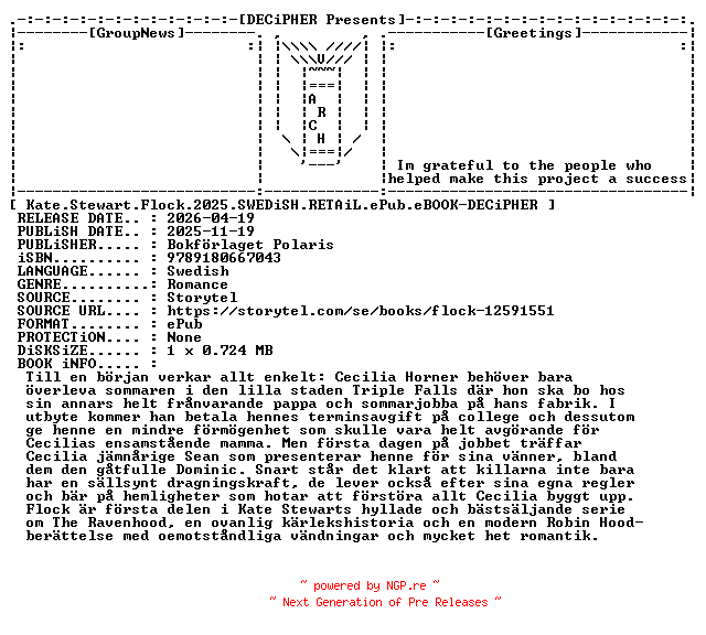 NFO for the release Kate.Stewart.Flock.2025.SWEDiSH.RETAiL.ePub.eBOOK-DECiPHER by DECiPHER