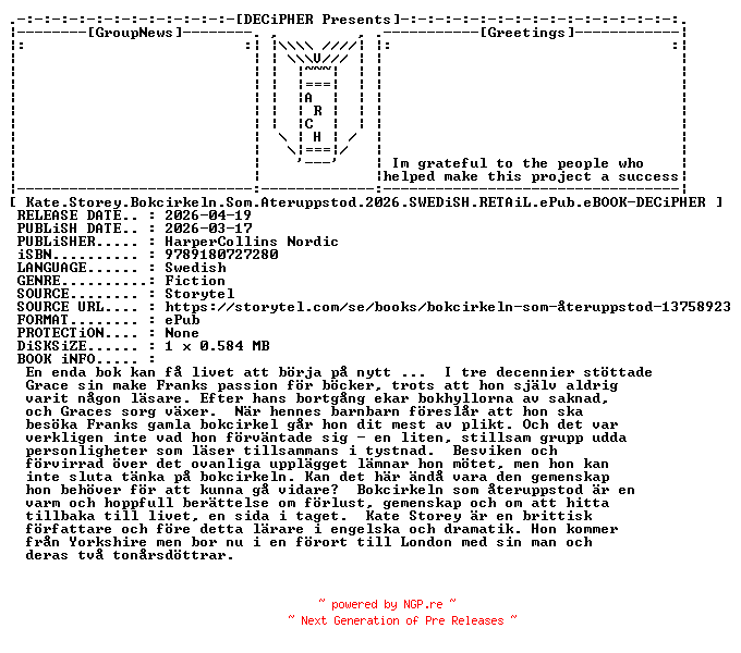 NFO for the release Kate.Storey.Bokcirkeln.Som.Ateruppstod.2026.SWEDiSH.RETAiL.ePub.eBOOK-DECiPHER by DECiPHER