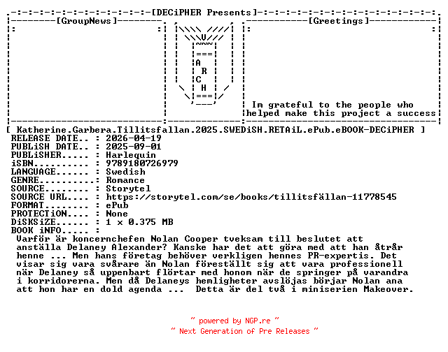 NFO for the release Katherine.Garbera.Tillitsfallan.2025.SWEDiSH.RETAiL.ePub.eBOOK-DECiPHER by DECiPHER