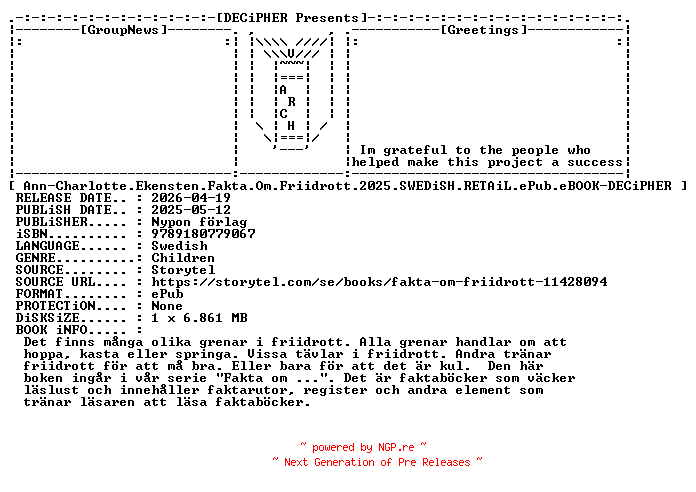 NFO for the release Ann.Charlotte.Ekensten.Fakta.Om.Friidrott.2025.SWEDiSH.RETAiL.ePub.eBOOK-DECiPHER by DECiPHER