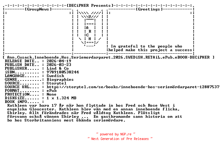 NFO for the release Ann.Cusack.Inneboende.Hos.Seriemordarparet.2026.SWEDiSH.RETAiL.ePub.eBOOK-DECiPHER by DECiPHER