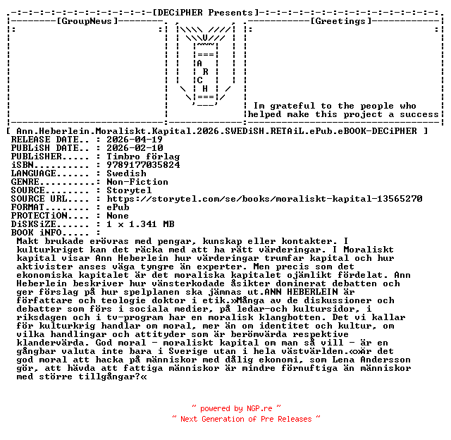 NFO for the release Ann.Heberlein.Moraliskt.Kapital.2026.SWEDiSH.RETAiL.ePub.eBOOK-DECiPHER by DECiPHER
