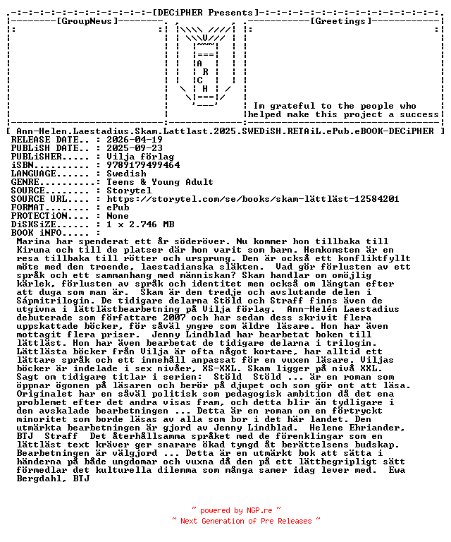 NFO for the release Ann.Helen.Laestadius.Skam.Lattlast.2025.SWEDiSH.RETAiL.ePub.eBOOK-DECiPHER by DECiPHER
