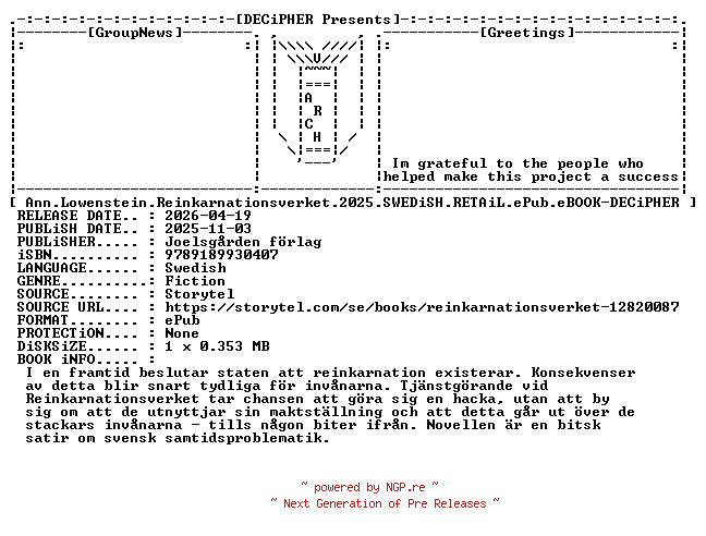 NFO for the release Ann.Lowenstein.Reinkarnationsverket.2025.SWEDiSH.RETAiL.ePub.eBOOK-DECiPHER by DECiPHER
