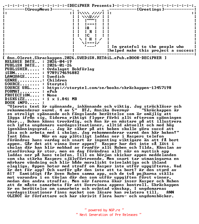 NFO for the release Ann.Olerot.Skrackappen.2026.SWEDiSH.RETAiL.ePub.eBOOK-DECiPHER by DECiPHER