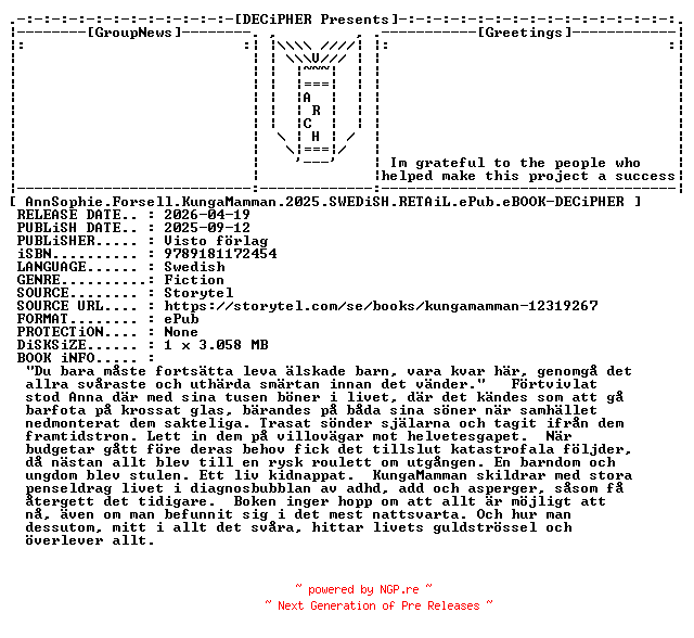 NFO for the release AnnSophie.Forsell.KungaMamman.2025.SWEDiSH.RETAiL.ePub.eBOOK-DECiPHER by DECiPHER