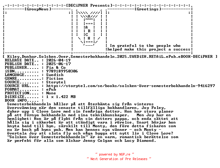 NFO for the release Kiley.Dunbar.Solsken.Over.Semesterbokhandeln.2025.SWEDiSH.RETAiL.ePub.eBOOK-DECiPHER by DECiPHER