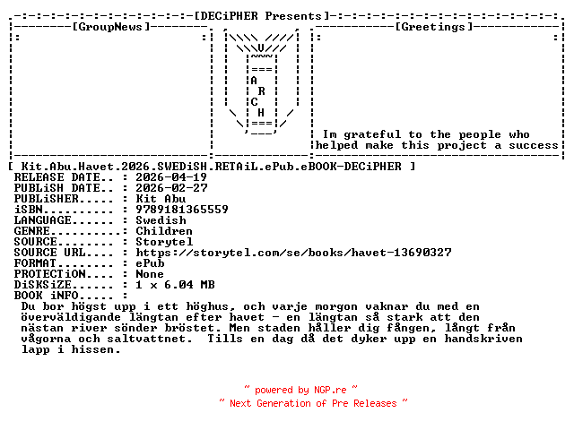 NFO for the release Kit.Abu.Havet.2026.SWEDiSH.RETAiL.ePub.eBOOK-DECiPHER by DECiPHER