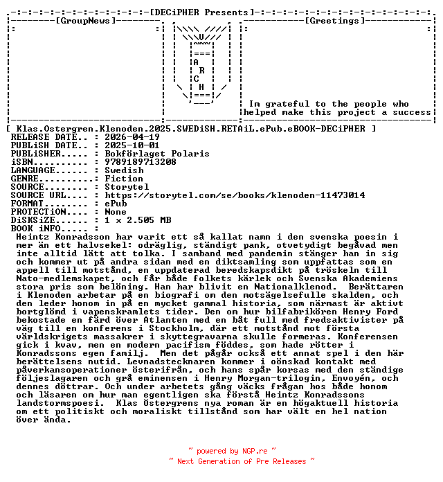 NFO for the release Klas.Ostergren.Klenoden.2025.SWEDiSH.RETAiL.ePub.eBOOK-DECiPHER by DECiPHER