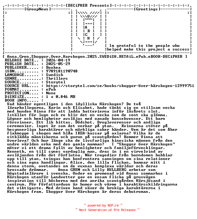 NFO for the release Anna.Gren.Skuggor.Over.Harskogen.2025.SWEDiSH.RETAiL.ePub.eBOOK-DECiPHER by DECiPHER