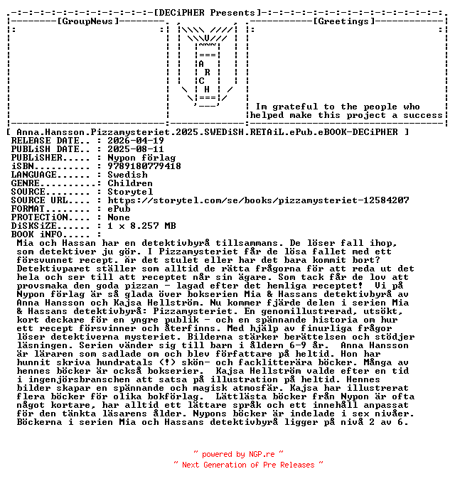 NFO for the release Anna.Hansson.Pizzamysteriet.2025.SWEDiSH.RETAiL.ePub.eBOOK-DECiPHER by DECiPHER